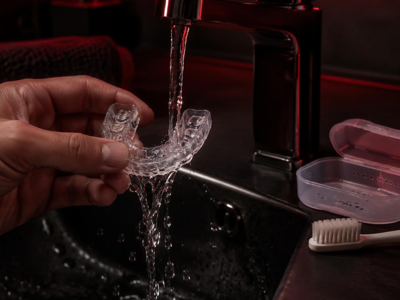 Rinsing a custom mouthguard in Clovis under cool water after training.