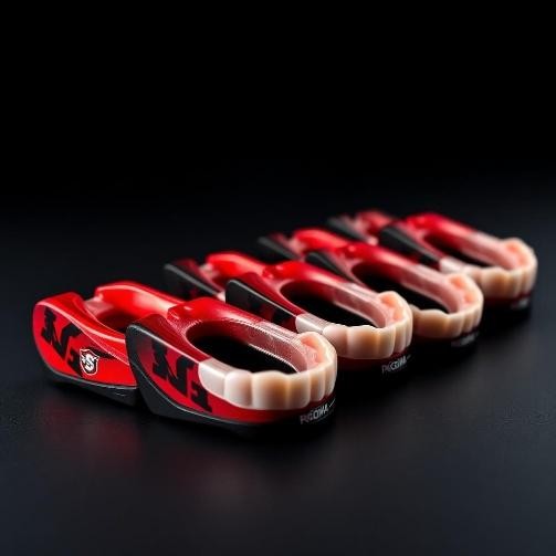 Row of custom sports mouthguards in California with red and black design displayed on a black background.