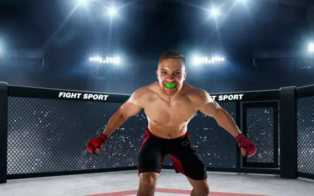 Youth wrestler wearing a mouthguard during competition