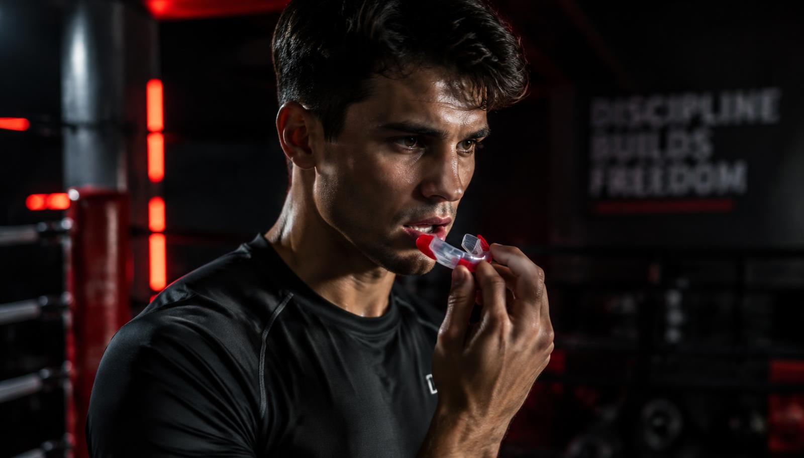 An athlete putting in custom mouthguards in Visalia before training