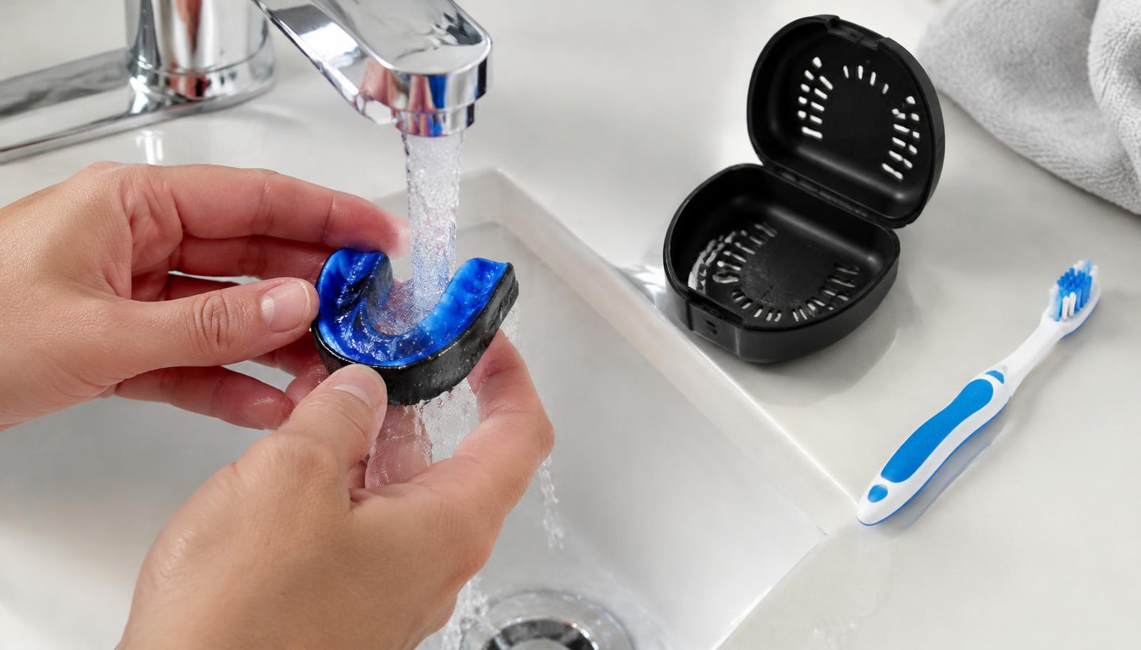 Rinsing custom mouthguards in Visalia beside a ventilated protective case