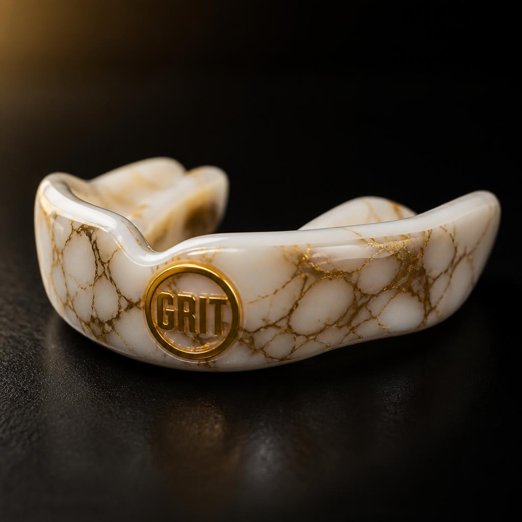 Custom white and gold marble team mouthguard with GRIT crest