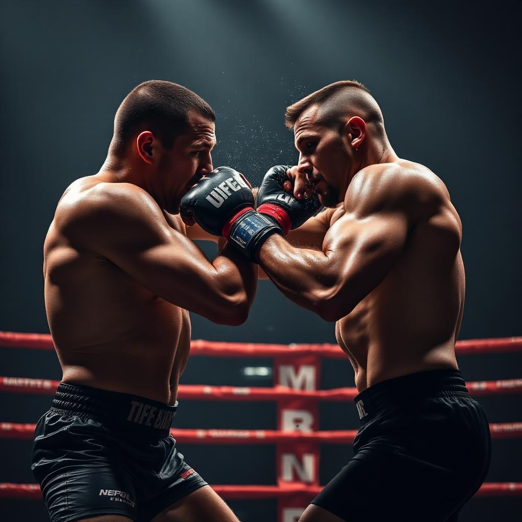 Two fighters clinching in a dark gym