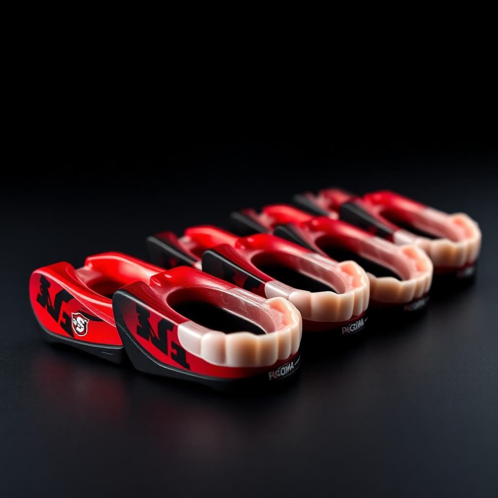 Row of custom branded team mouthguards with logos